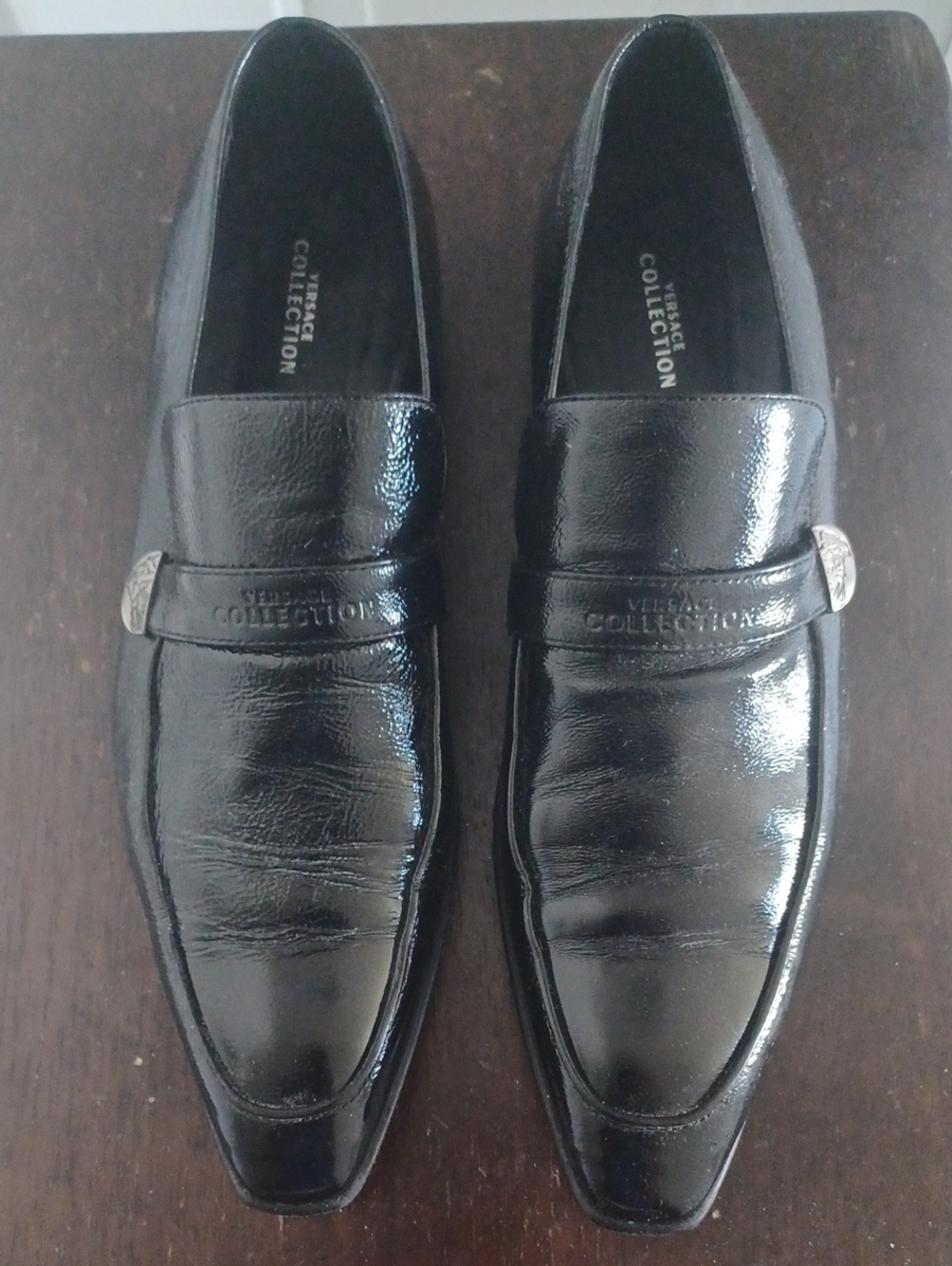 Versace Collection Black Patent Leather Slip-On Loafers with Logo Strap